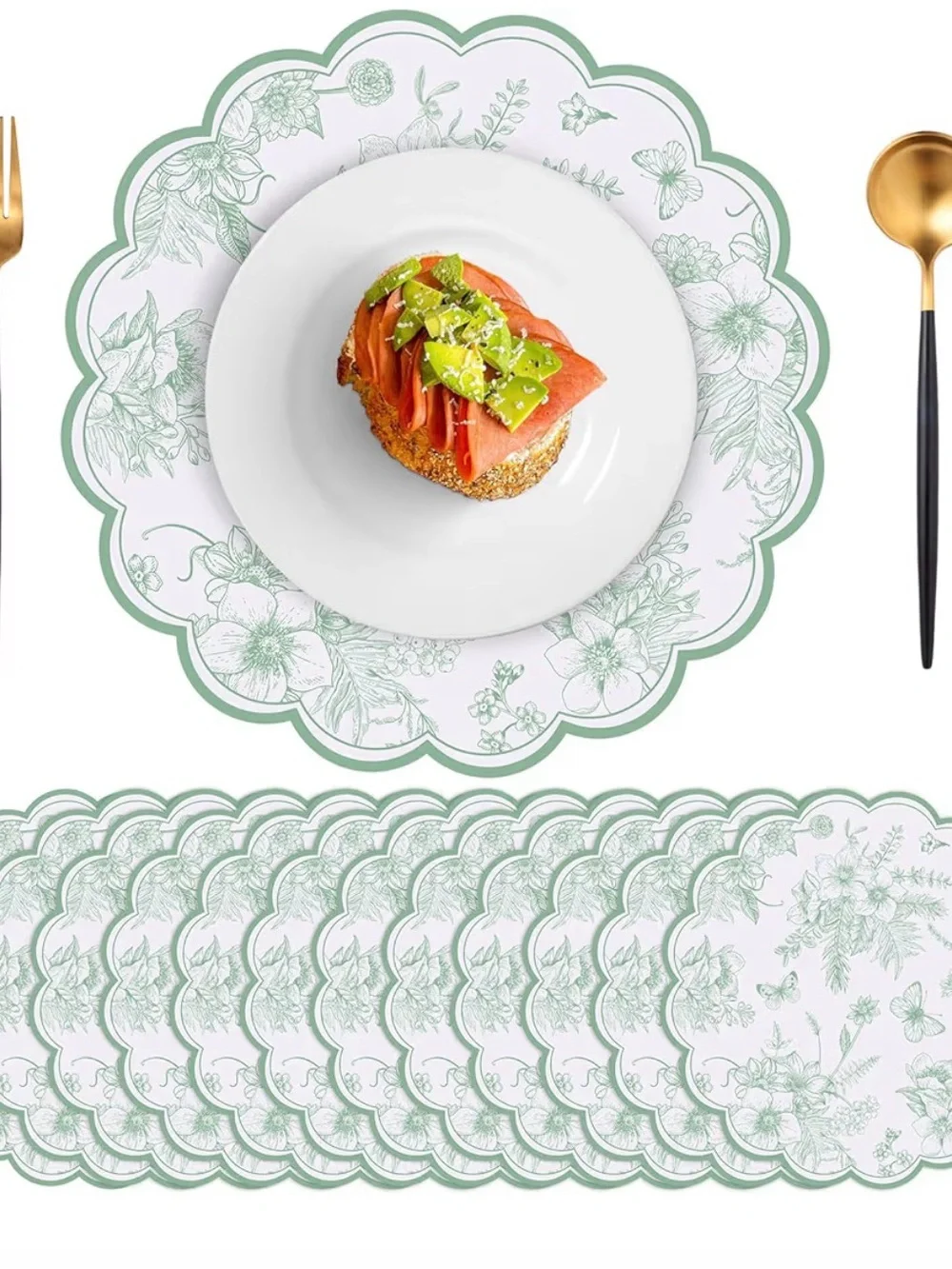 Decorative Scalloped Floral Paper Placemats - Sage & White